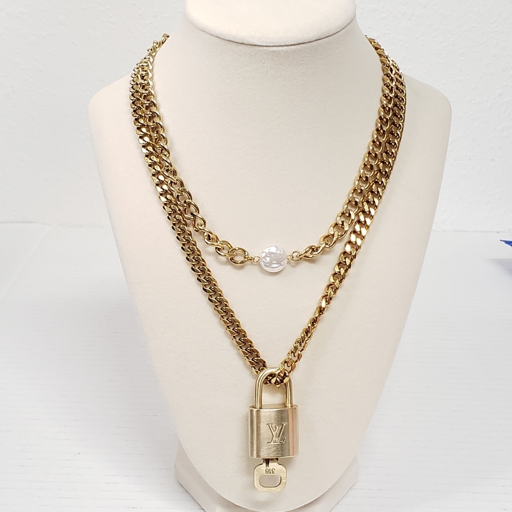 Authentic Louis Vuitton Gold Padlock W/unbranded Cuban Style Stainless Chain